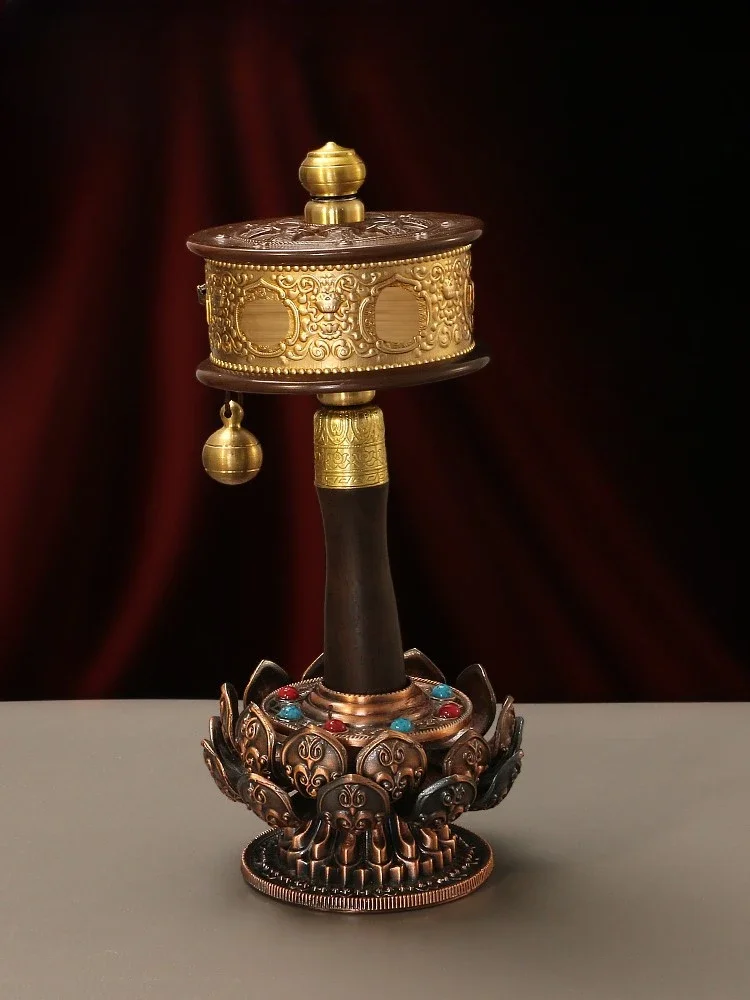 Tibetan alloy hand cranked gold tube lotus base Tibetan desktop home handheld