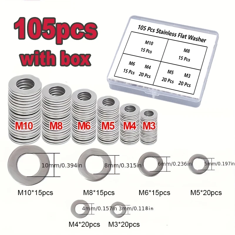 105-Piece Flat Washer Assortment, M3-M10 Metric Washers, Multi-Spec Metal Flat Washers, Home Repair Hardware Kit, Washers for Electronic Devices/Furniture, Bicycle Repair Washers, Mixed Specification Metric Washers, Small DIY Project Hardware Parts, Universal Fastening Washers