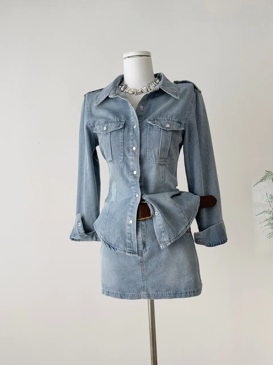 Faionable Waed Vintage Denim irt And High Waist Skirt Set for Women Autumn Collection Slimming Effect Hong Kong Sle