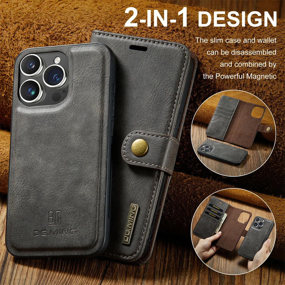 DG.MING Luxury Detachable Wallet Case for iPhone 15 Pro Max 5s 6s 7G 8 XR XS Max 11 Pro 12 13 Mini 14 Plus Magnetic Leather Case