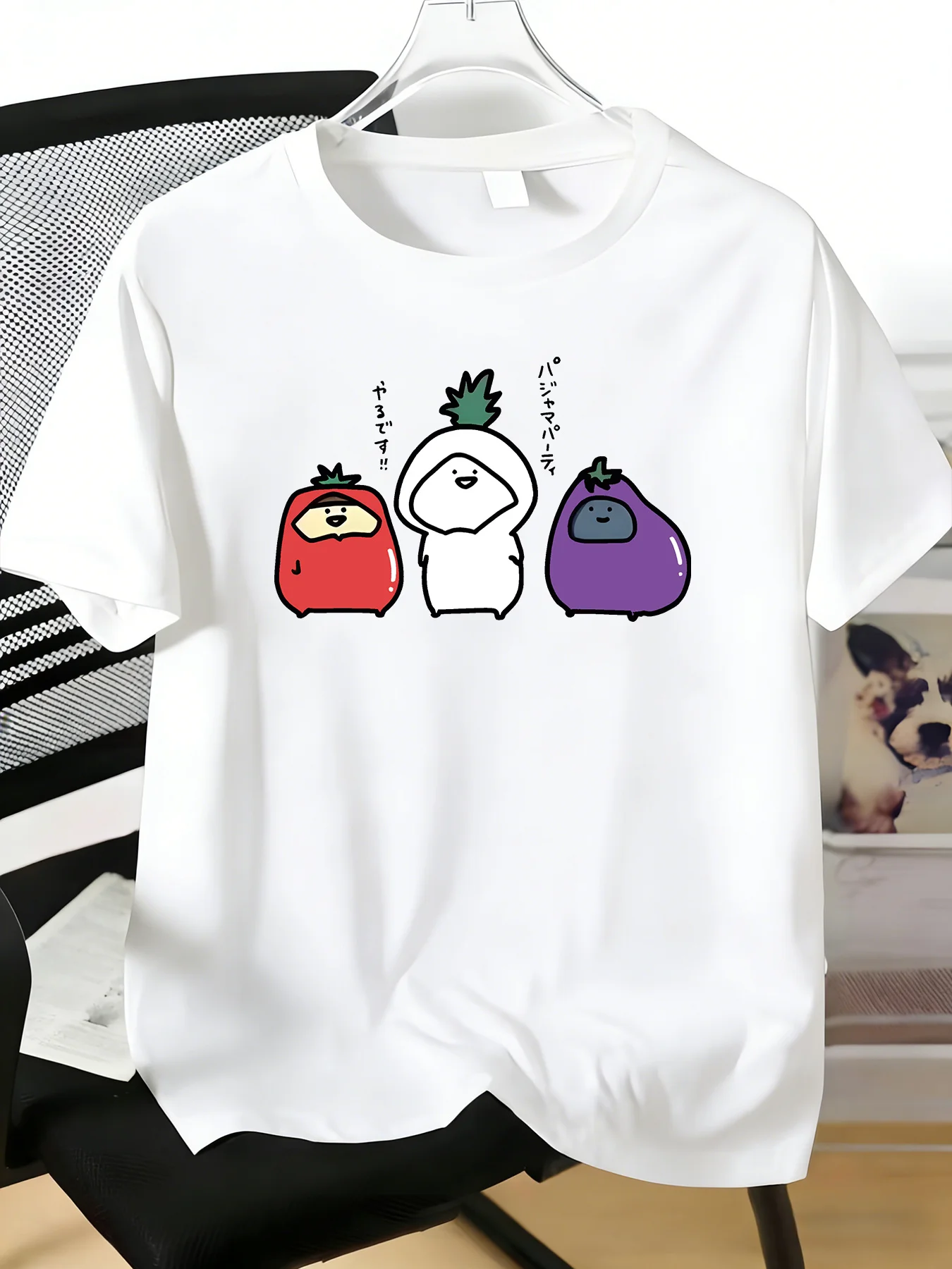 Men Cotton Crew Tee Cartoon Veggie Japanese Text Print Short Sleeve Summer Loose Street Daily Top For Teen Male Casual Outfit