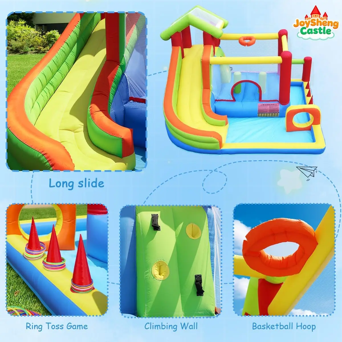 미끄럼틀이 있는 바운스 하우스 7-in-1 어린이용 인플레이터블 놀이터 3-10세 대형 점프 구역, 볼 풀, 상업용 블로워 포함