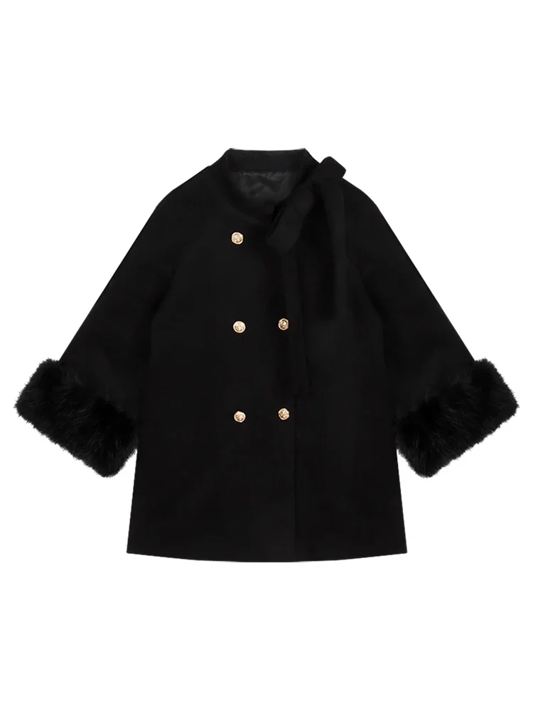 MiiiiX Black Classic Double-breasted Woolen Coat Lace-up Bow Loose O-neck Mid-length Jacket Outerwear Winter Women's Clothes