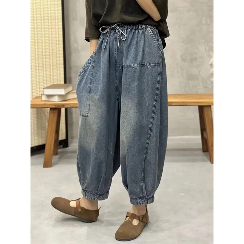 

2023 New Arrival Autumn Arts Style Women Cotton Denim Ankle-length Pants Elastic Waist Casual Loose Wide Leg Pants Jeans P628