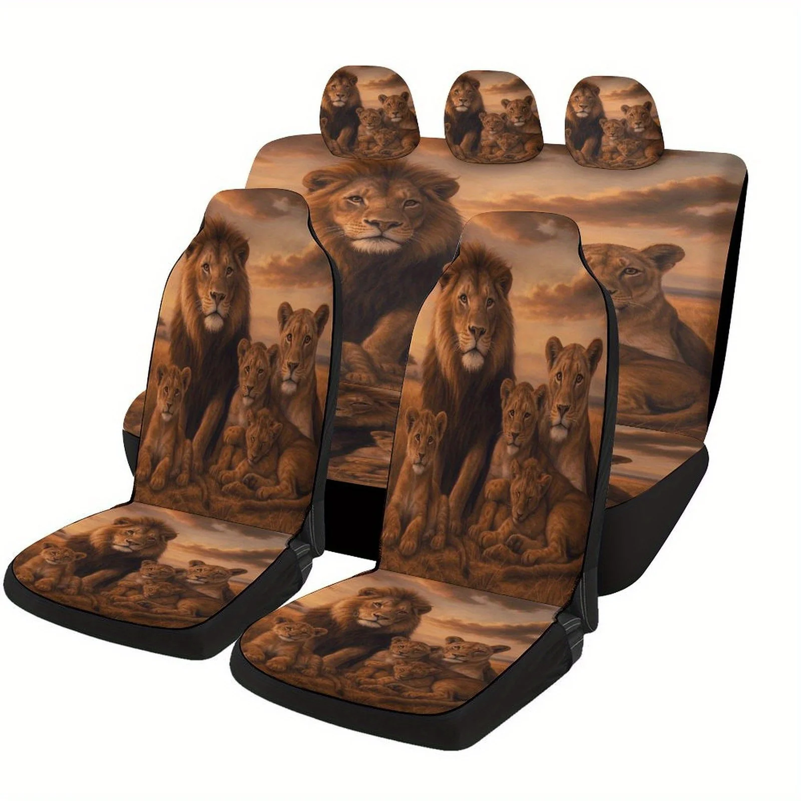 Lion Family Portrait Designed Car Seat Cover Set For Most Cars, Trendy Novelty High-quality Car Seat Protector Covers Full Set,
