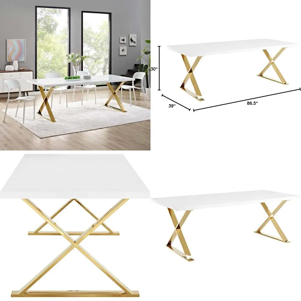 

Elegant White Gold Dining Table with Stainless Steel X-Base