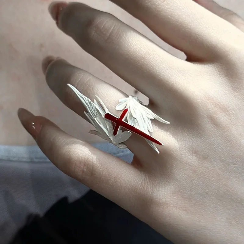 Male Female Copper Alloy Jewelry Accessories, Unique Angel Wing Red Cross Split Adjustable Ring, Dark Gothic Punk Religious Fing