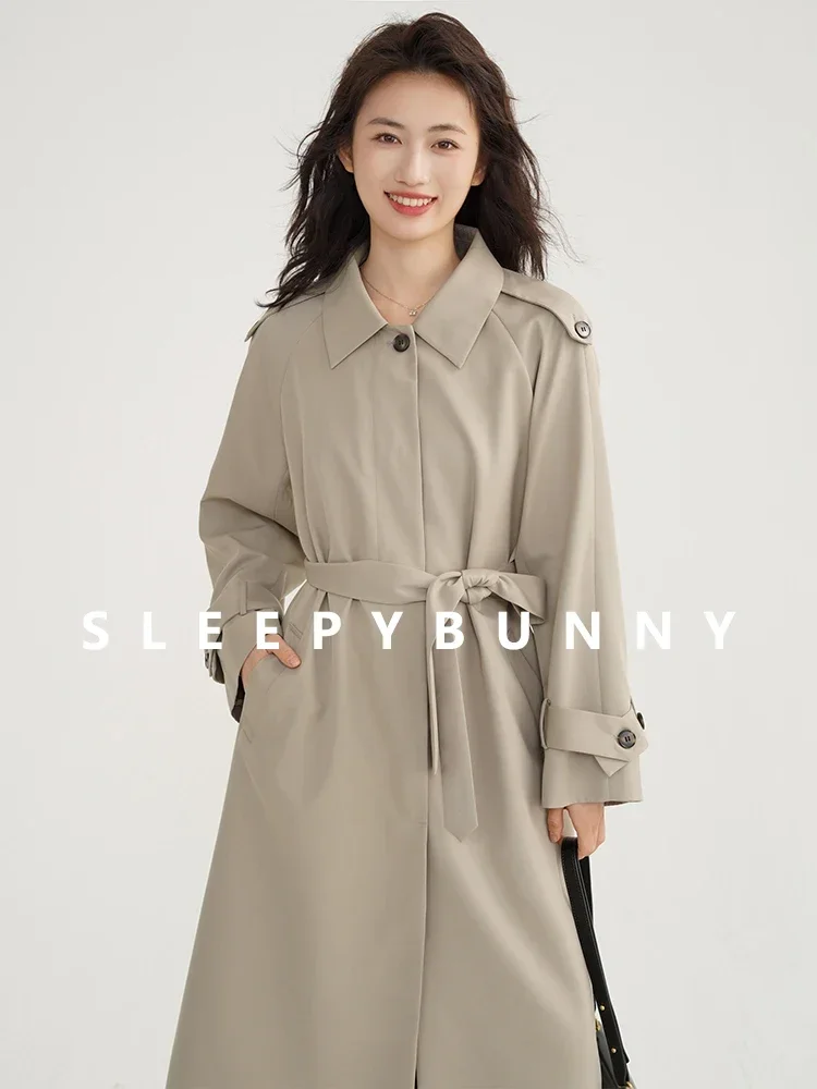 

Gray Raglan Sleeve Trench Coat Women Autumn Loose Fit British Style Mid-Length Outerwear 2024 Stylish Elegant Casual Overcoat