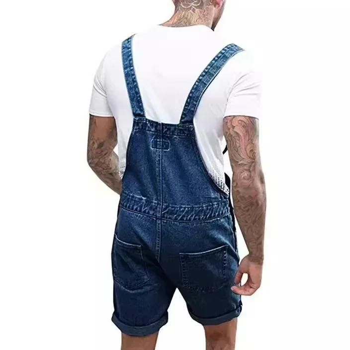 Macacão jeans masculino cintura média macacão de uma peça estilo safari na altura do joelho denim casual sólido bolsos de lavagem novo