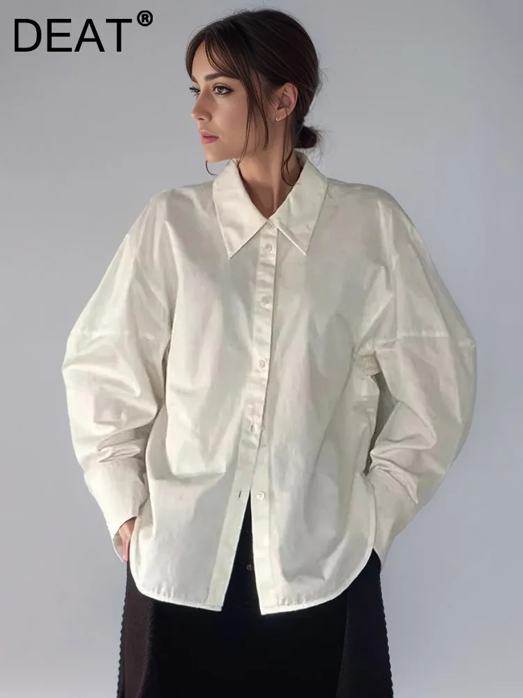 

DEAT Fashion Women's Shirt Lapel Long Sleeves Single Breasted Patchwork Loose Curved Hem Blouse Summer 2024 New Tide 7AB4354