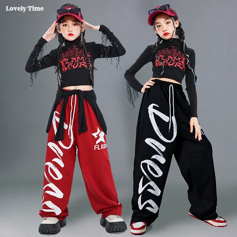 Girls K-pop Tassels Crop Top Street Dance Letters Pants Children Hip Hop Sweatpants Cardigan Kids Streetwear Jazz Clothes Sets