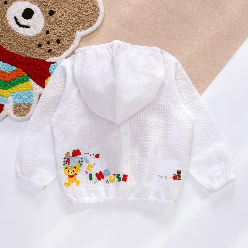 2023 Children's Clothing New Boy And Girl Cartoon Bear Letter Embroidery Hooded Jacket Cardigan Sunscreen Air Conditioning Shirt