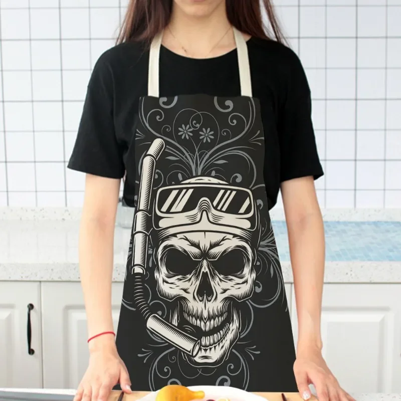 Black Background And White Skull Print Pattern Apron Sci-Fi Style Sleeveless Fashion Party Halloween Dress Up Apron 55x68cm