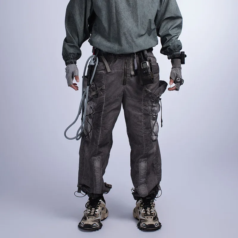 HKSH Spring Autumn New Men's Tide Dark Punk Functional Detachable Waist-Bag Cargo Pants Women Washed Distressed Workwear HK26798