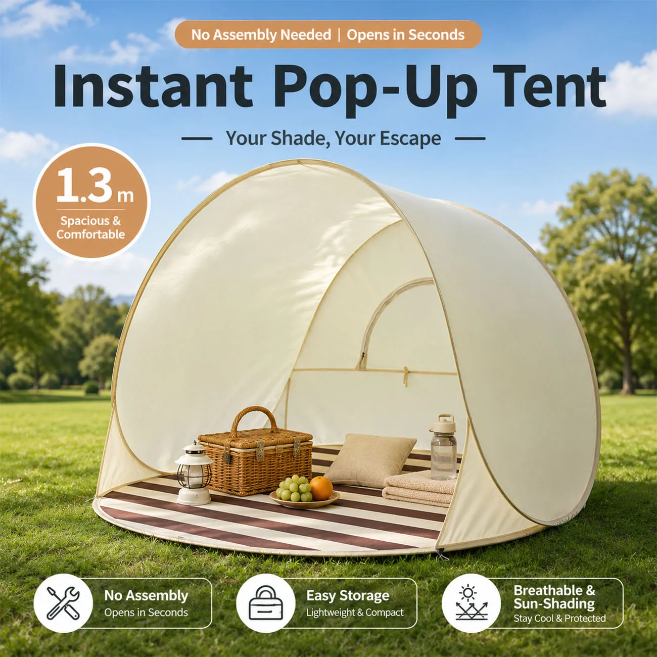 1,2/1,3/1,4 m tragbares Pop-Up-Zelt, sofort aufstellbarer Sonnenschutz für den Außenbereich, leichtes, faltbares Vordach für Camping, Picknick, Rasen, Strand