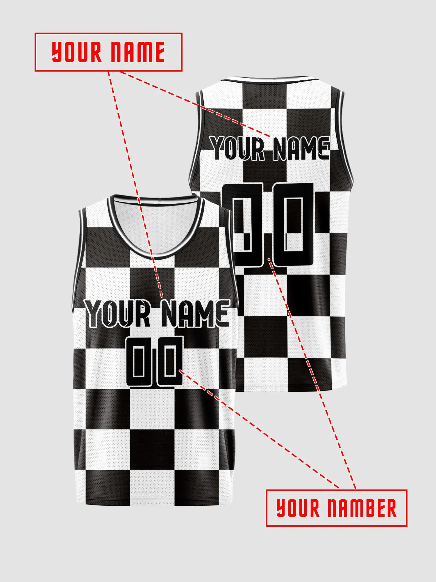 Black‑White Checkered Custom Basketball Jersey, DIY Name & Number, Breathable Quick‑Dry Set For Adults & Kids