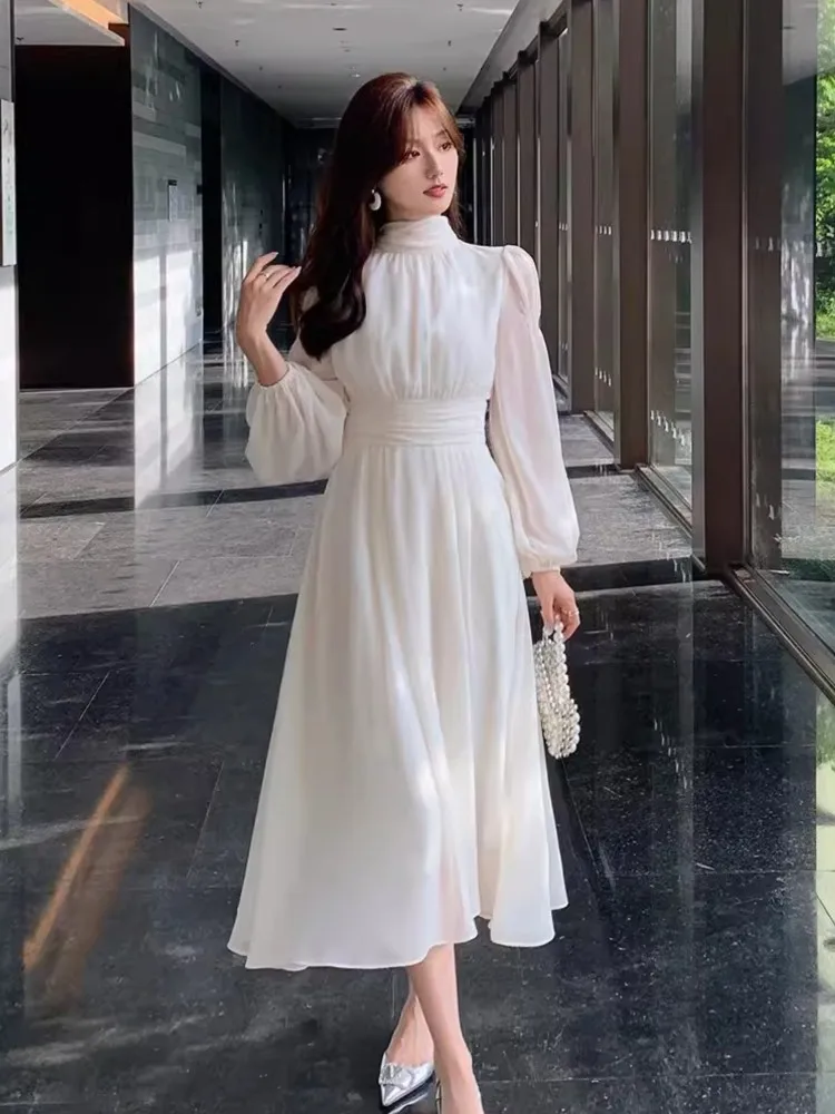 Autumn Lantern Sleeve Chiffon Midi Dresses for Women Half High Collar A-line Korean Fashion One Piece Vestidos Female Clothing