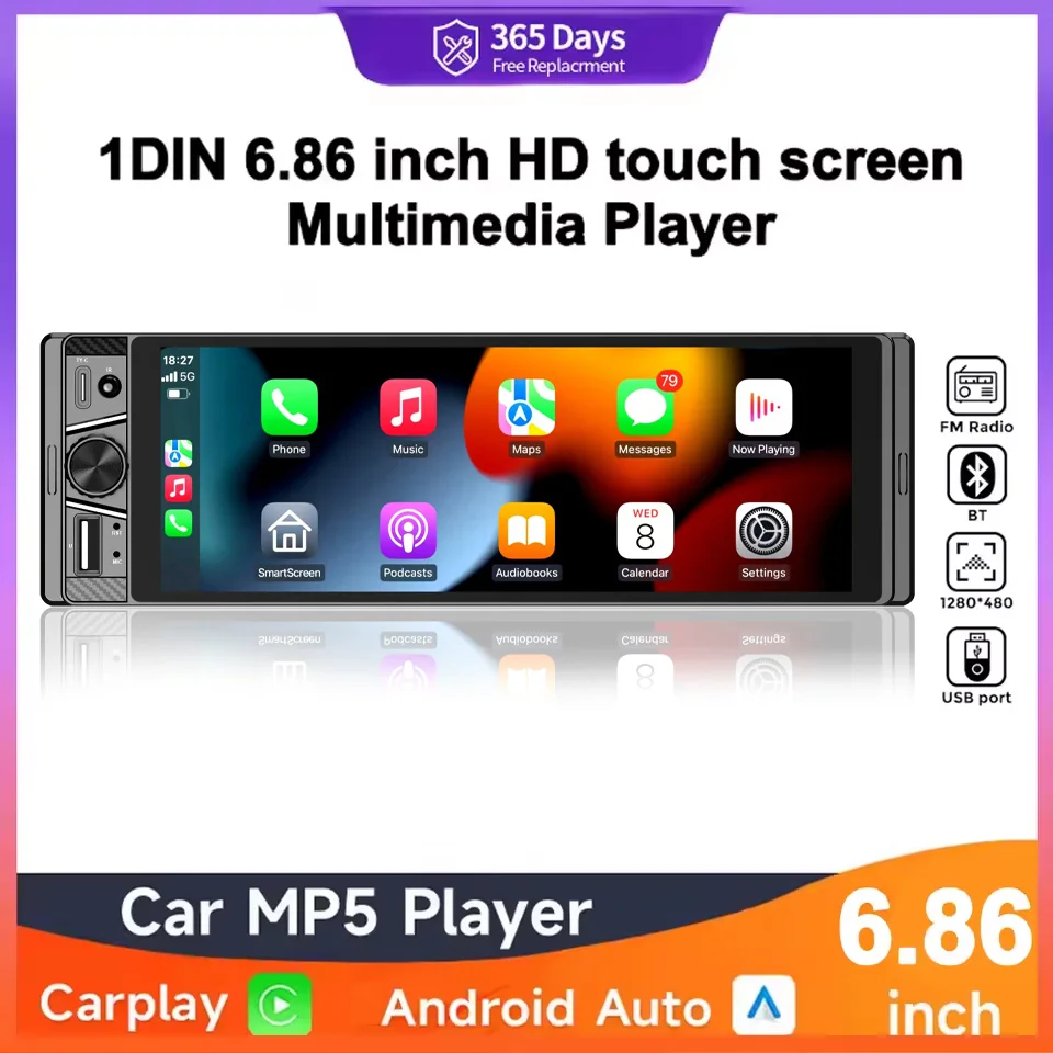 

Автомобильный радиоприемник 6,86 дюйма, 1Din, мультимедийный плеер, MP5, MP3, FM-радио, беспроводной/проводной Carplay, Android, автомобильная стереосистема, 1 din, зарядка USB Type-c