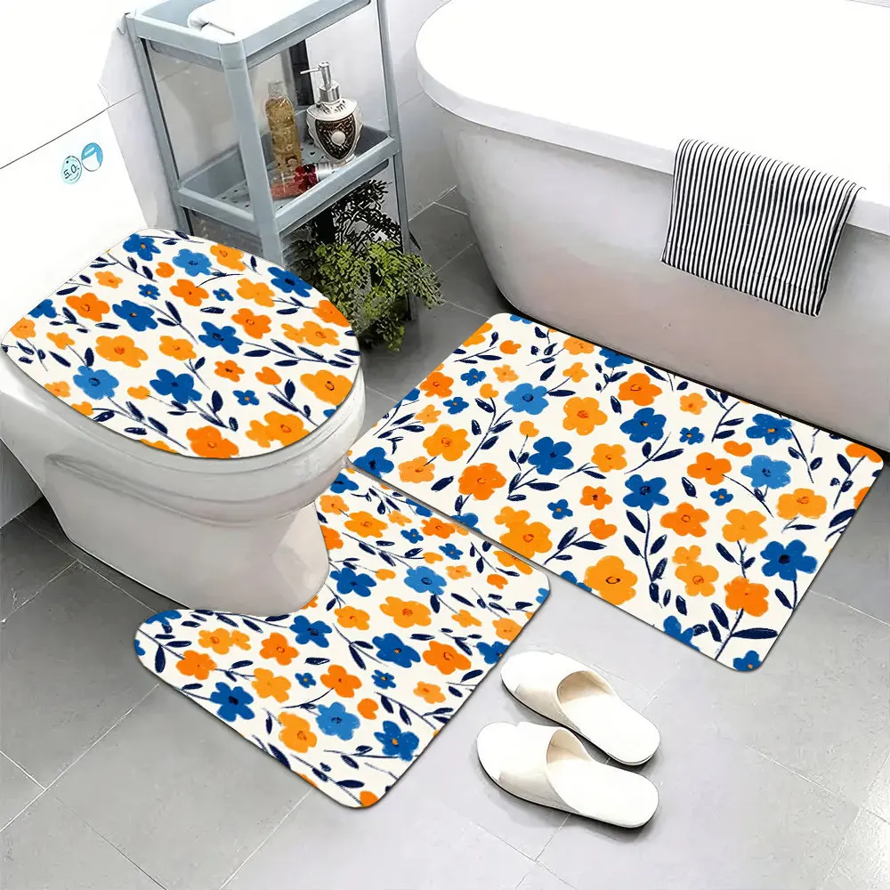 Cute Floral Bathroom Mat Set for Toilet Sink Vanity Tropical Blue Orange Home Decor Bath Rugs
