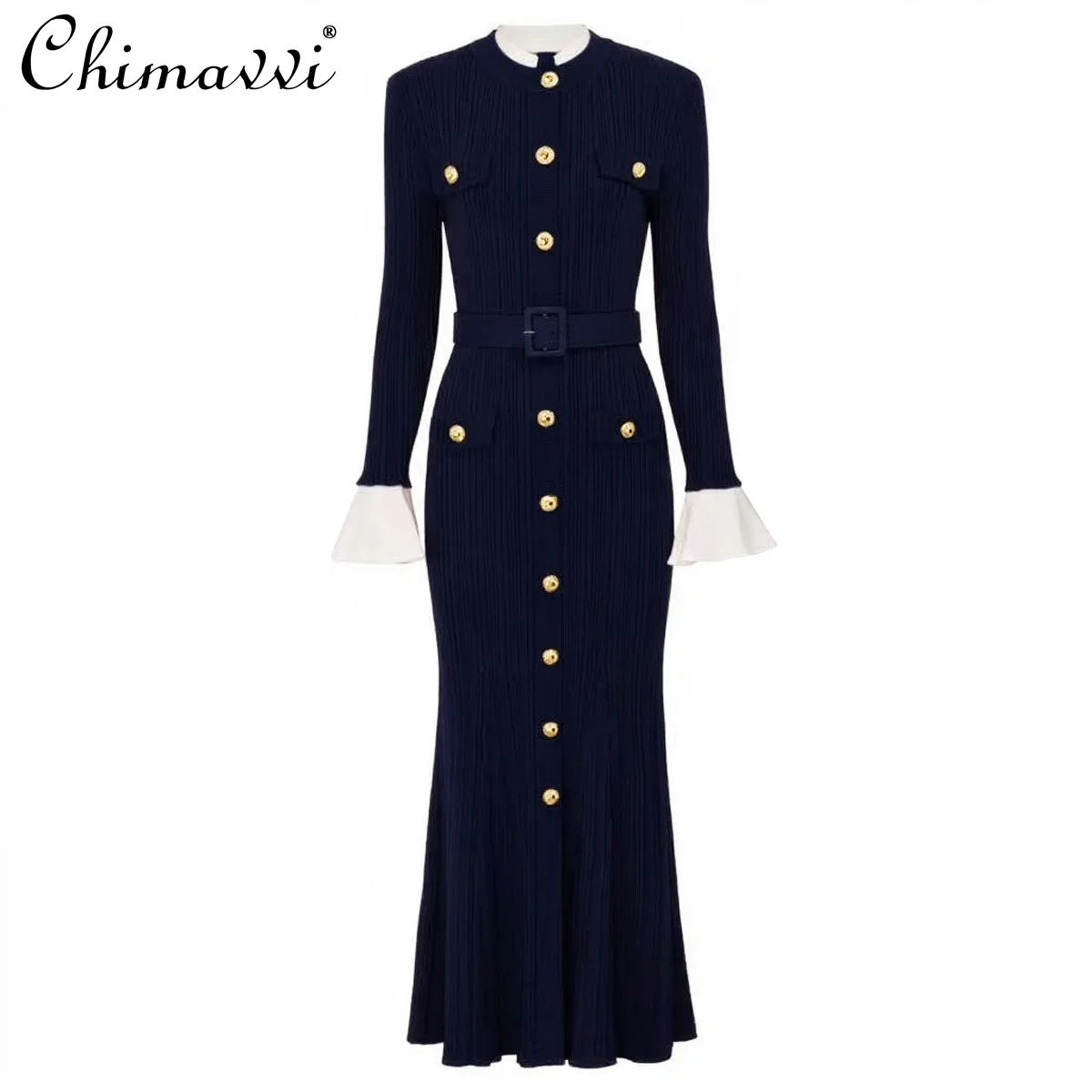 

Осень-зима, новое модное трикотажное платье с длинным рукавом и круглым вырезом, элегантное универсальное облегающее длинное платье для женщин