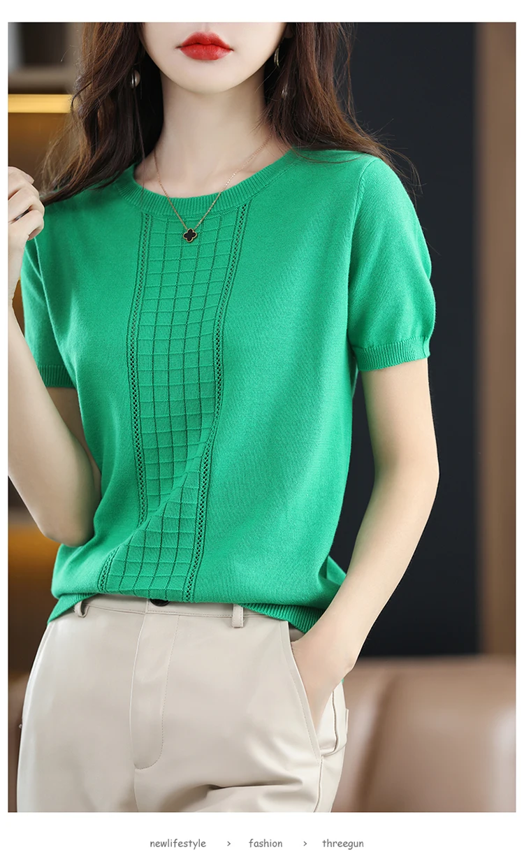 Women's T-Shirt Summer New 100% Cotton Pullover Short Sleeve Casual Solid Color Knit Crew Neck Ladies Tops Tees Blouse