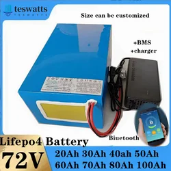 Batterie au lithium LiFePO4 avec chargeur, Bluetooth, BMS, 72V, 50Ah, 60Ah, 30Ah, 72V, 40Ah, 100Ah, 80Ah, 5000W, scooter, vélo é