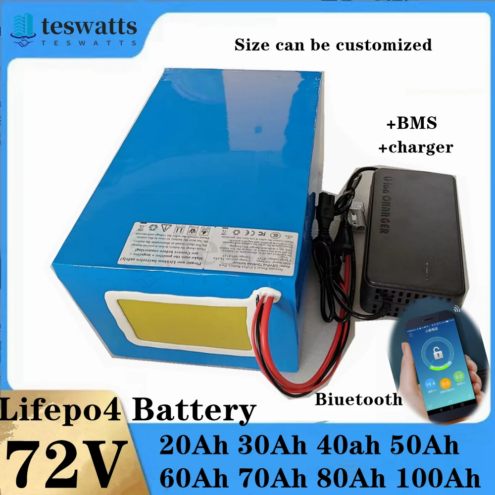 Batterie au lithium LiFePO4 avec chargeur, Bluetooth, BMS, 72V, 50Ah, 60Ah, 30Ah, 72V, 40Ah, 100Ah, 80Ah, 5000W, scooter, vélo é