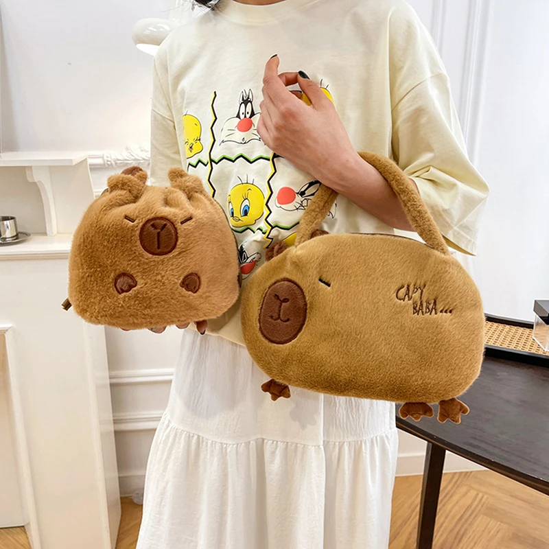 1PCS Polyester Plush Backpack Capybara Handheld Bucket Bag Handbag Capybara Soft Doll School Bag Birthday Christmas Kids Gifts