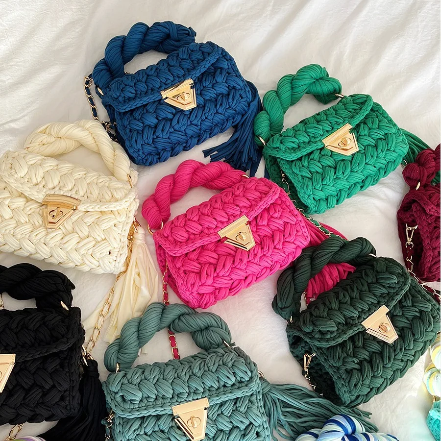 Fashion Wool Knitting Handbag Handmade Crochet Shoulder Bag Tassel Woven Bags for Women Designer Yarn Crossbody Bag Flap Purses