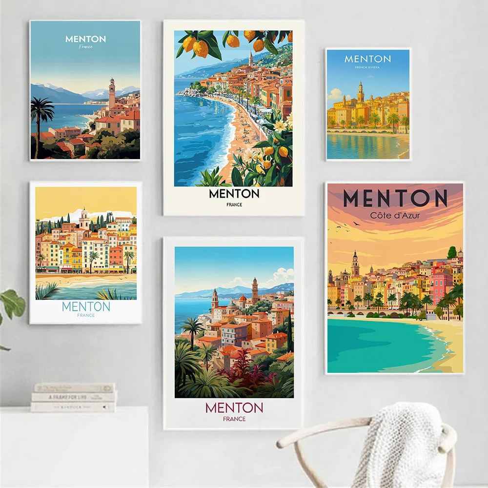 French Riviera Poster  Menton Picture Vintage Canvas PaintingTravel Print Wall Art, City Poster And Prints,for Home Decor