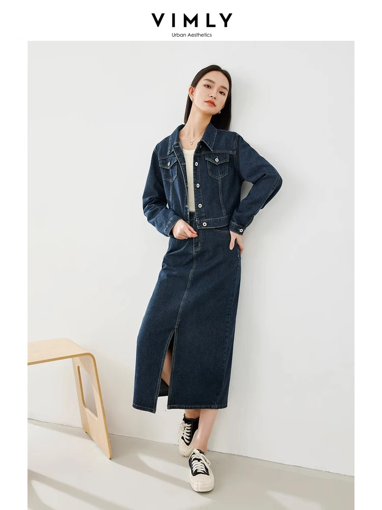 Vimly Denim Skirt Set Lapel Jean Jacket Split Midi Skirt 2 Piece Outfit Set Women 2024 Spring New Female Matching Sets 72685