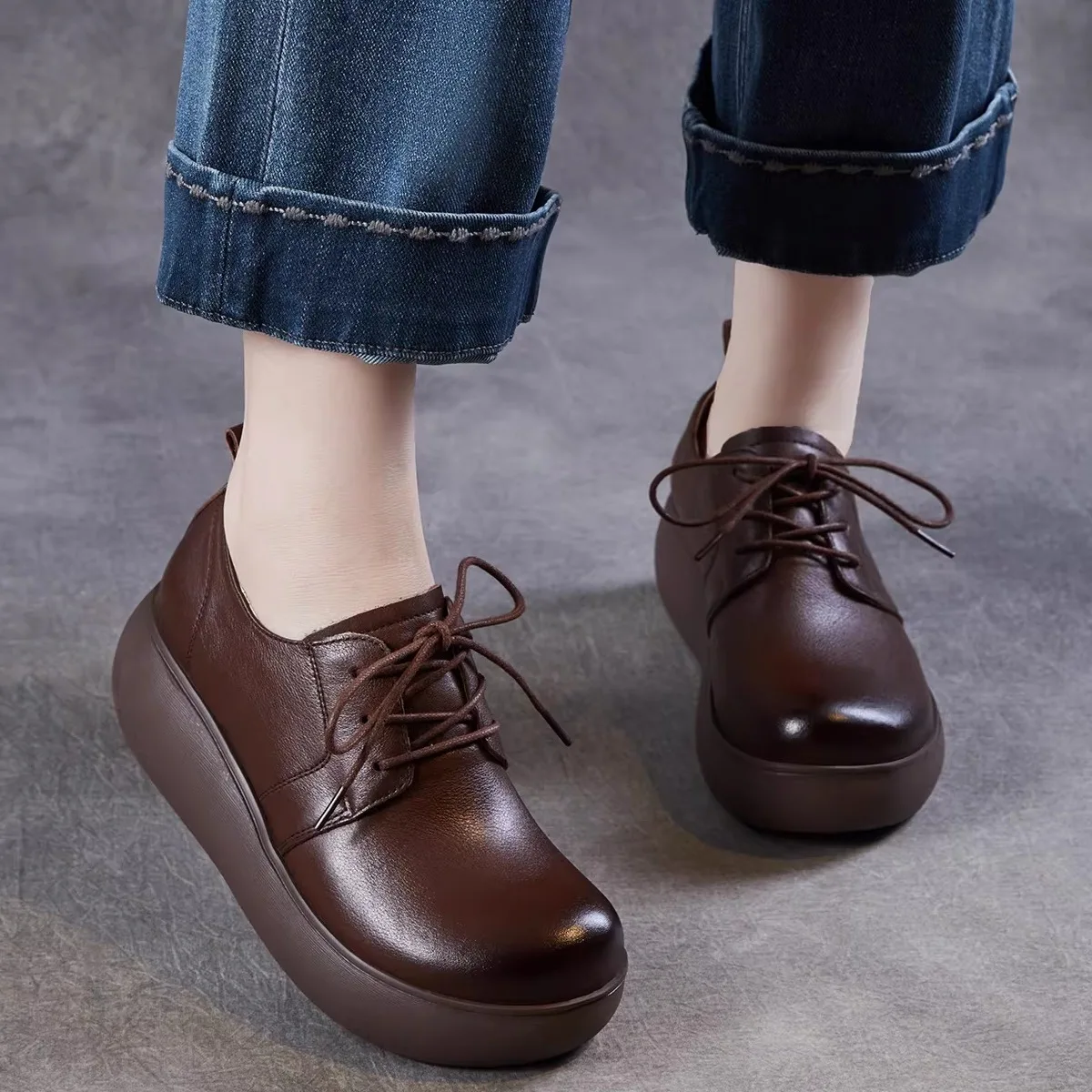 

Genuine Leather Thick Bottom Platform Flats Women's Shoes Retro British Style Low Cut round Toe Spring Summer Casual Shoes
