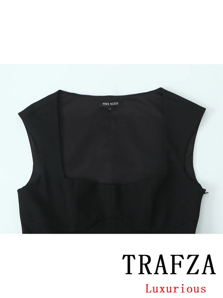 TRAFZA Vintage Chic Women Dress Solid Sleeveless Zipper Square Collar Mini Ruffles Dress Fashion 2024 Autumn Winter Female Dress