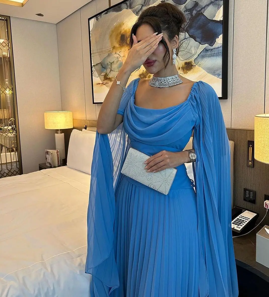 Square Neckline Blue Party Dress 2024 Chiffon Long Sleeves Evening Dresses Saudi Arabia Women's Formal Dress فساتين الحفلات