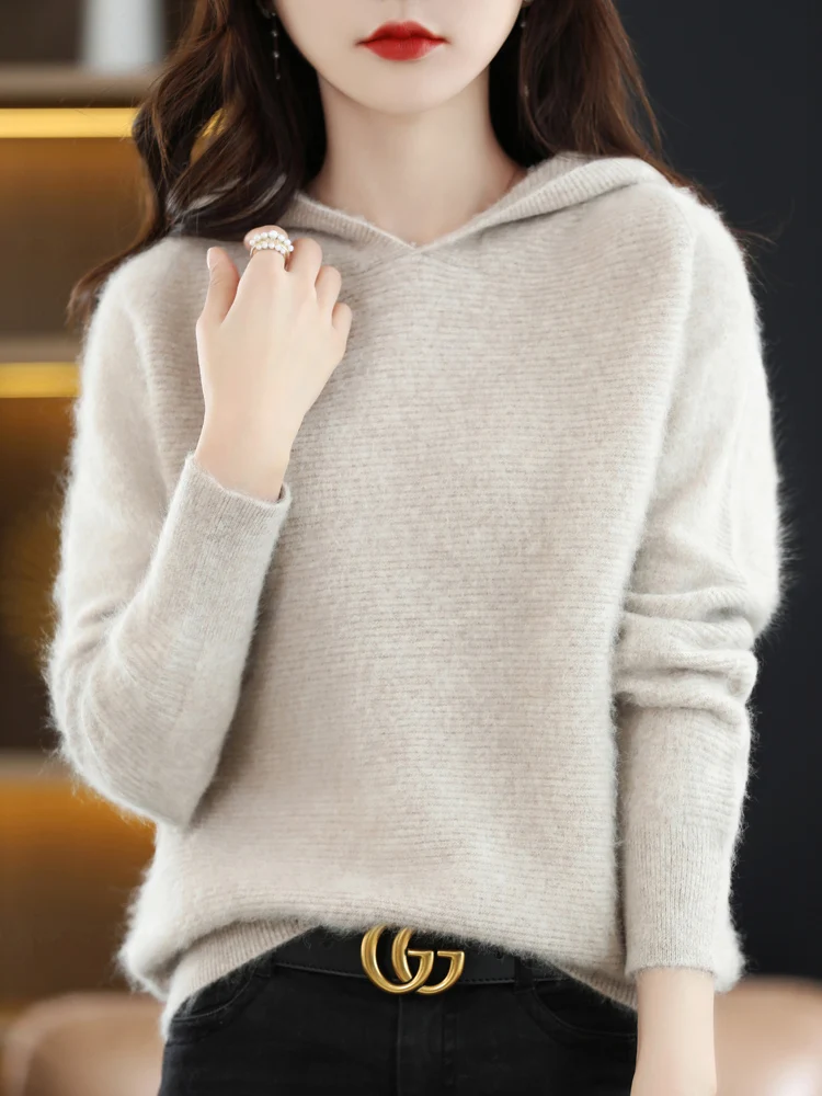 CHICUU Autumn Winter Women Hooded Pullover Sweater 100% Mink Cashmere Knitwear Casual Loose Basic Clothing Tops