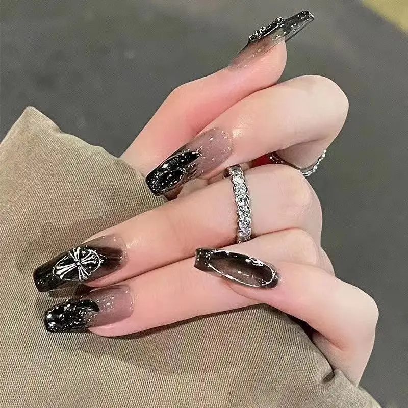 Black Square Press On Nails with 3D Cross Designs - Full Cover Acrylic False Nails for Women and Girls Detachable Long Fake nail