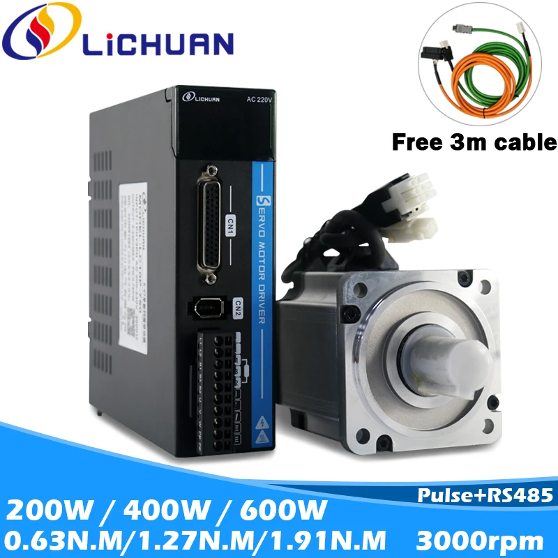 Lichuan 200W 400W 600W AC Servo Motor With Driver kit Electric Motor 220V 3000rpm Cnc kit 3D Printer Pulse RS485 With Brake