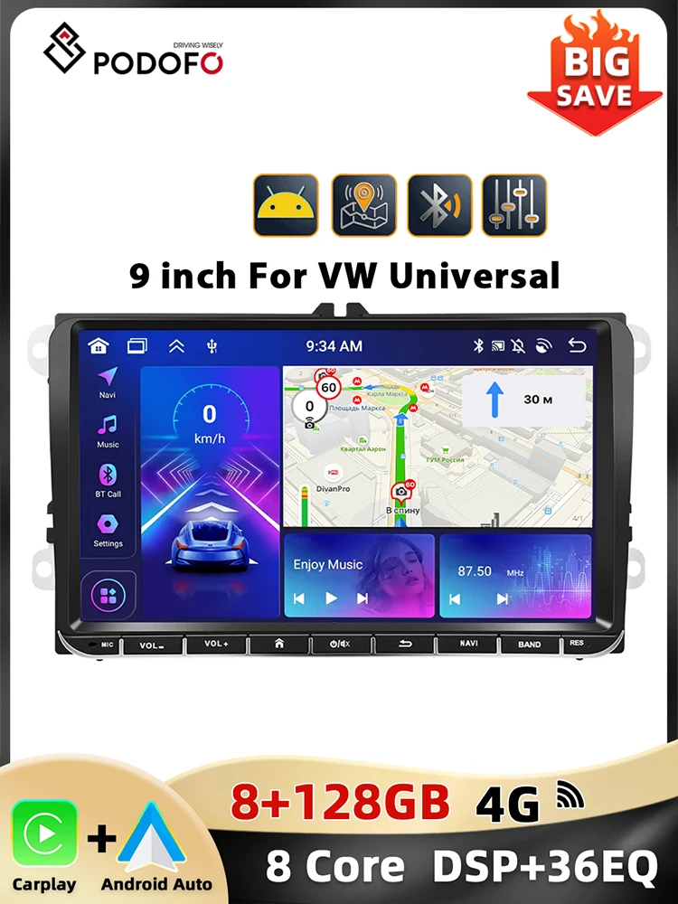 Podofo 9 ''8core Autoradio Voor Vw Passat Golf Mk5 Mk6 Jetta T5 Multimediaspeler Gps Navigatie Carplay Android Car Audio - afbeelding 2