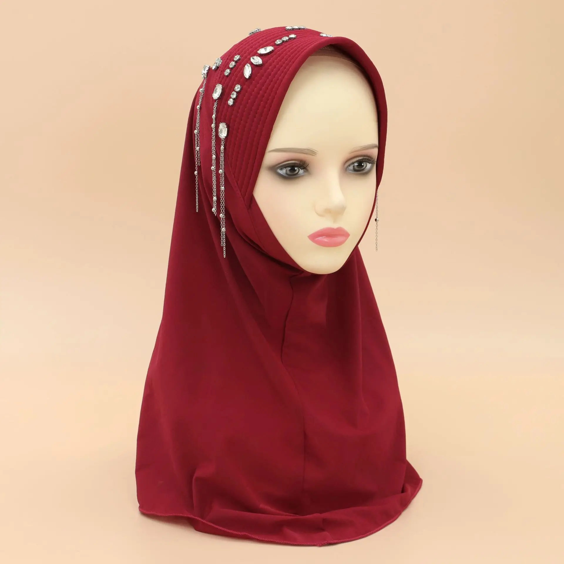 High Quality Muslim Amira Hijab with Rhinestones Pull On Islamic Scarf Head Wrap Pray Scarves Ramadhan Hijabs Women Islamic Hat