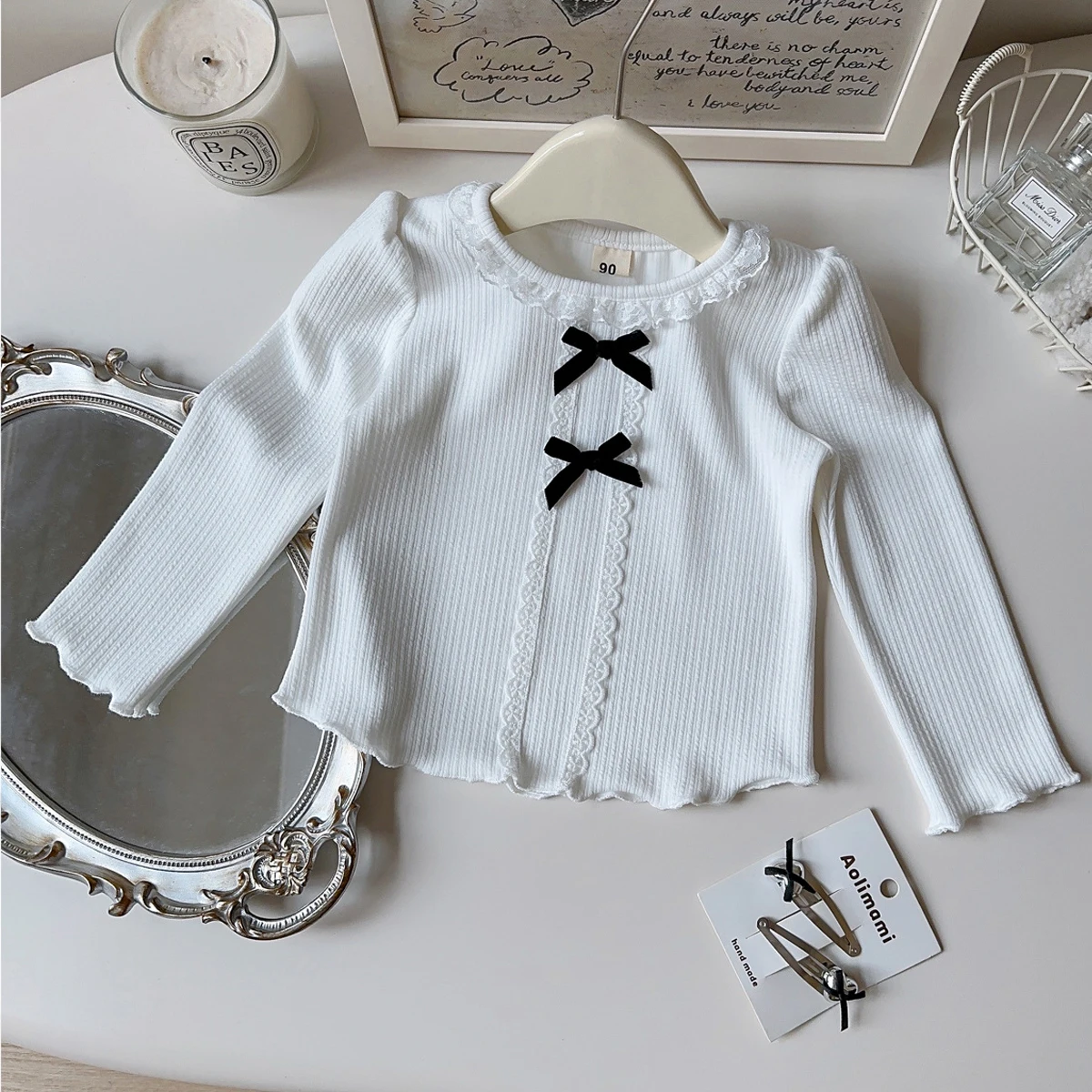 

Girls' Long Sleeve Top Autumn New Korean Gilrs Lace Round Neck Slim T-shirt Design Sense Bow Knitted Bottom Shirt 2-7Years Old
