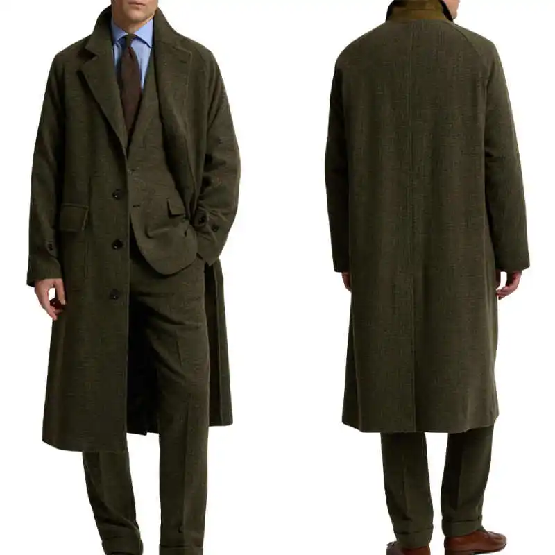 Vintage 3 Pieces Men Long Overcoat Notched Lapel Single Breasted Jacket Blazers Wool Blend Winter Customized Coat