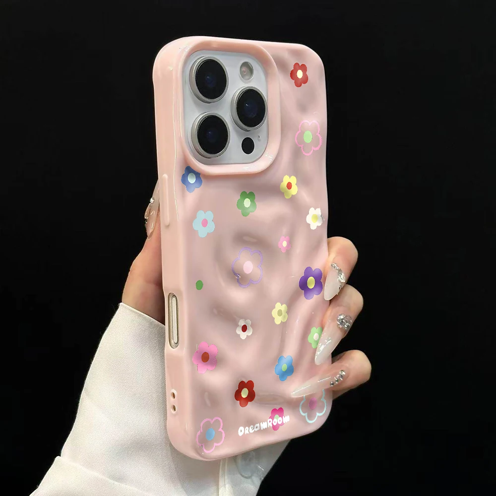 Minimalistisches Blumenmuster Koreanische Handyhülle für iPhone 17 16 15 14 13 12 11 Pro Max 14 15 Plus 17 Air Falten-Wellen Weiche Silikonhülle – Detail 9