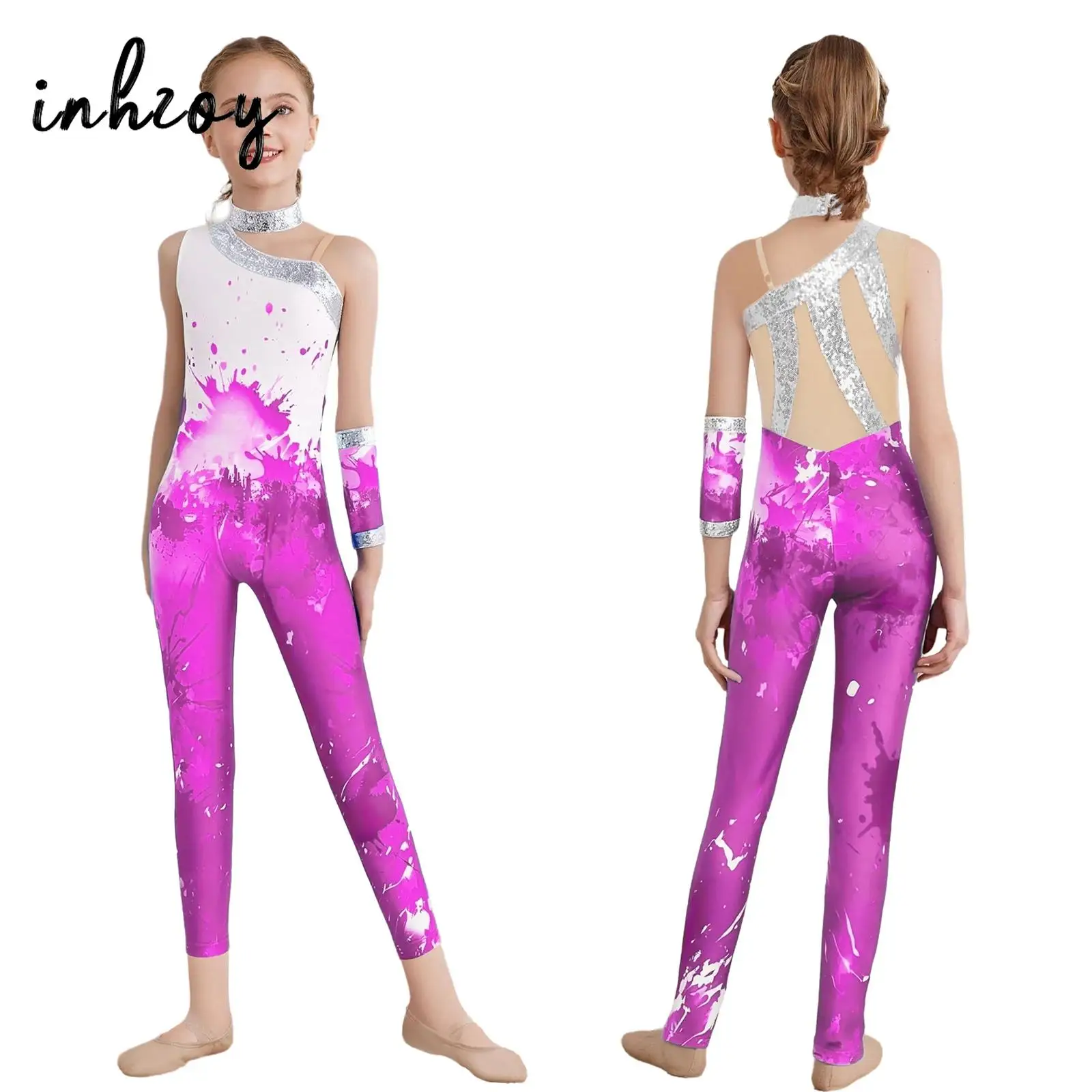 Combinaison de gymnastique imprimée à paillettes, body asymétrique, justaucorps pleine longueur, tenue de danse brillante pour la performance et la pratique