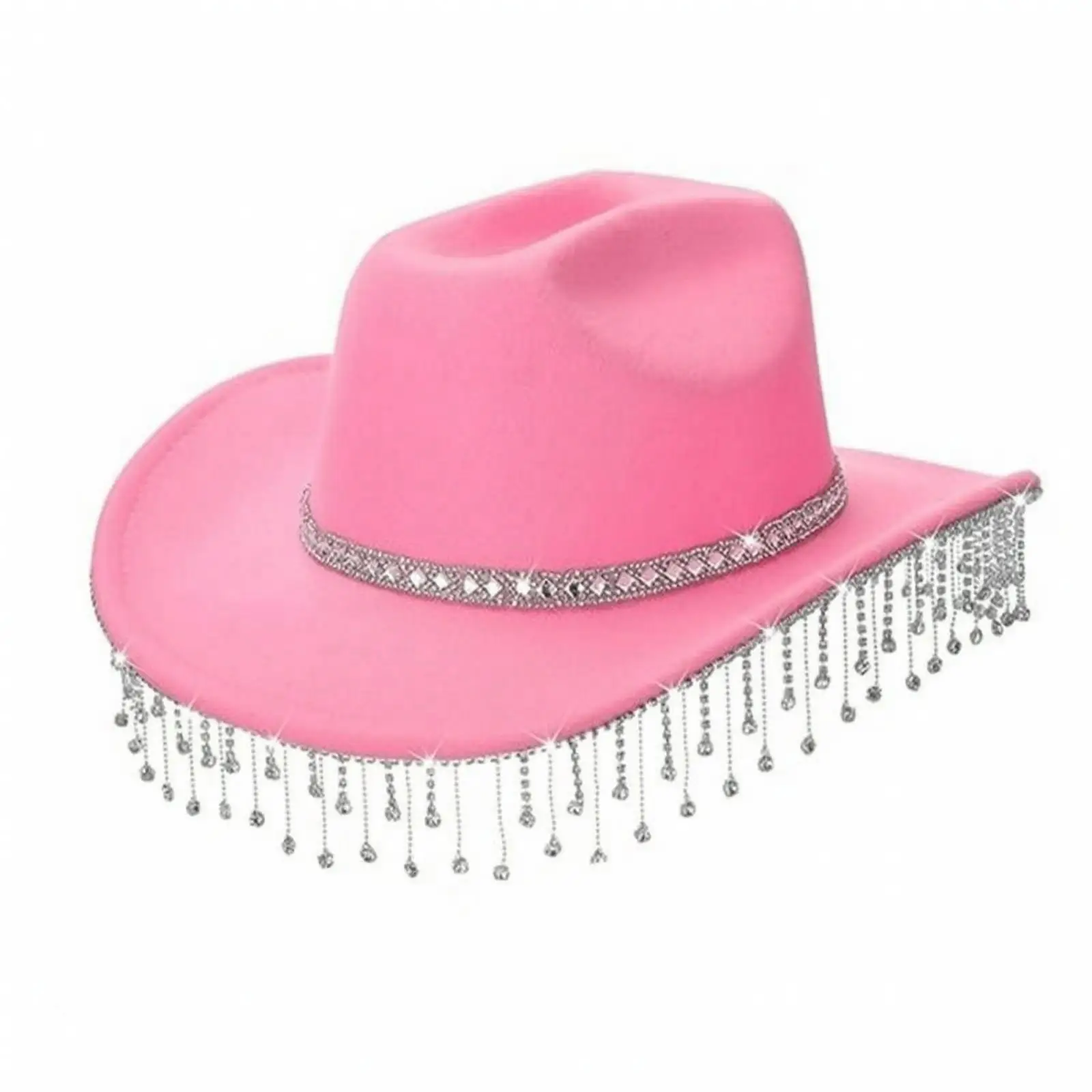 Statement Cowboy Hat with Rhinestone Trim Wool Material Wide Brim Shade Hat for Rodeo Country Music Festival Costume Party