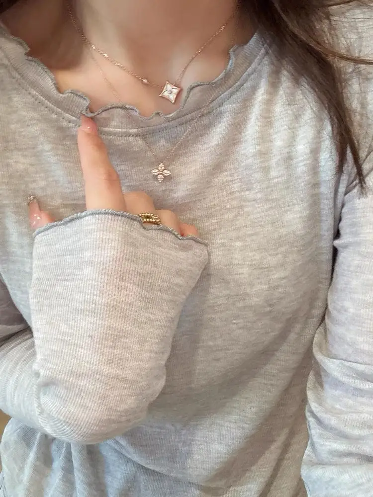 Gray Wooden Collar Slim Fit Long Sleeve Women's Base Shirt Thin Style T-Shirt Commute Style Korean Version Inner Wear