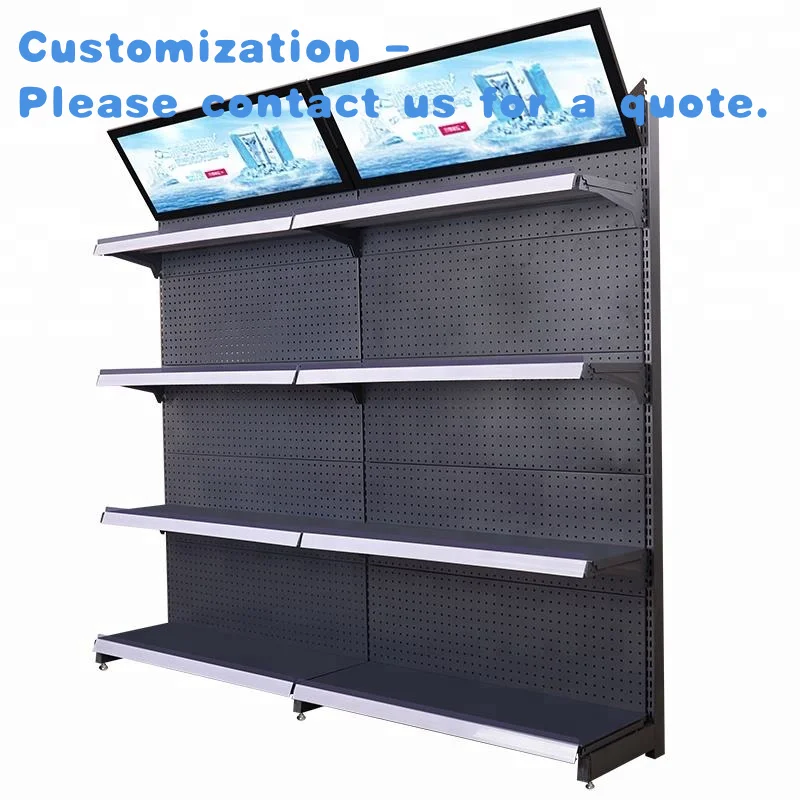 custom.Customizable Metallic Double-Sided Multifunctional Supermarket Rack Display Shelves Convenience Store Advertising