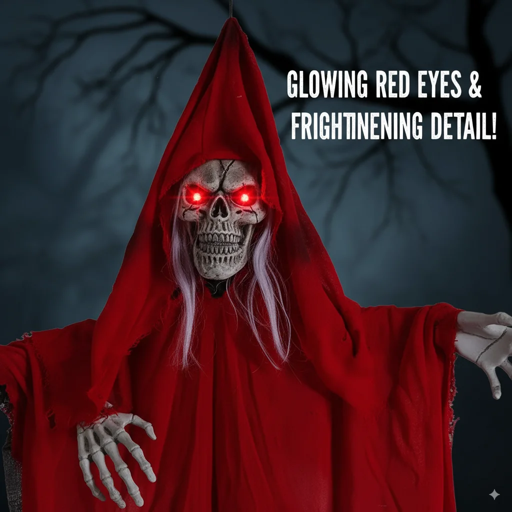 

200cm Horror Halloween Hanging Reaper Skeleton Prop With Light Up Eye Sound Control For Scary Outdoor Garden Haunted House Decor