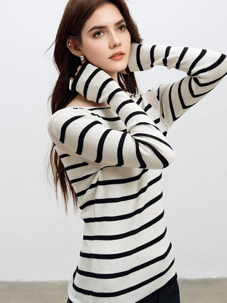 SuyaDream, Women Striped Pullovers, Slash Neck, Sheep Wool Blend, Long Sleeved Sweaters, 2025 Fall Spring Cozy Top