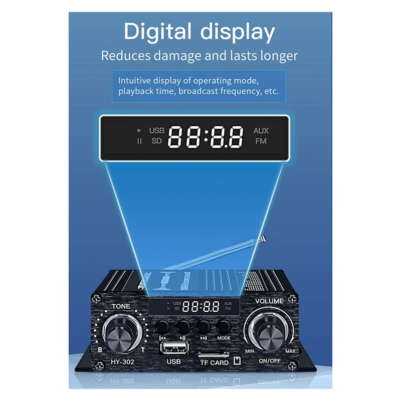 Amplificador Digital Bluetooth para Casa e Automóvel, 2 Canais, Alto Falante HiFi, Rádio FM, Mini Amplificador de Áudio, Class-AB AMP, 12V