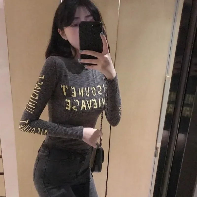 Fashion Women\'s Long Sleeve T-shirt Elegant Slim Top Female Korean Popular Clothes Reviews Many Aesthetic Clothing Y2k Korea Yk2